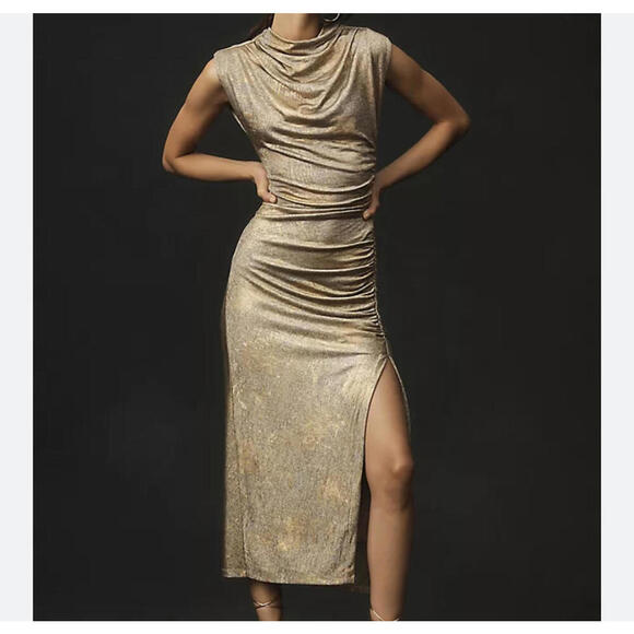 ANTHROPOLOGIE gold Maya ruched cowl neck maxi dress sz XL - Picture 1 of 6